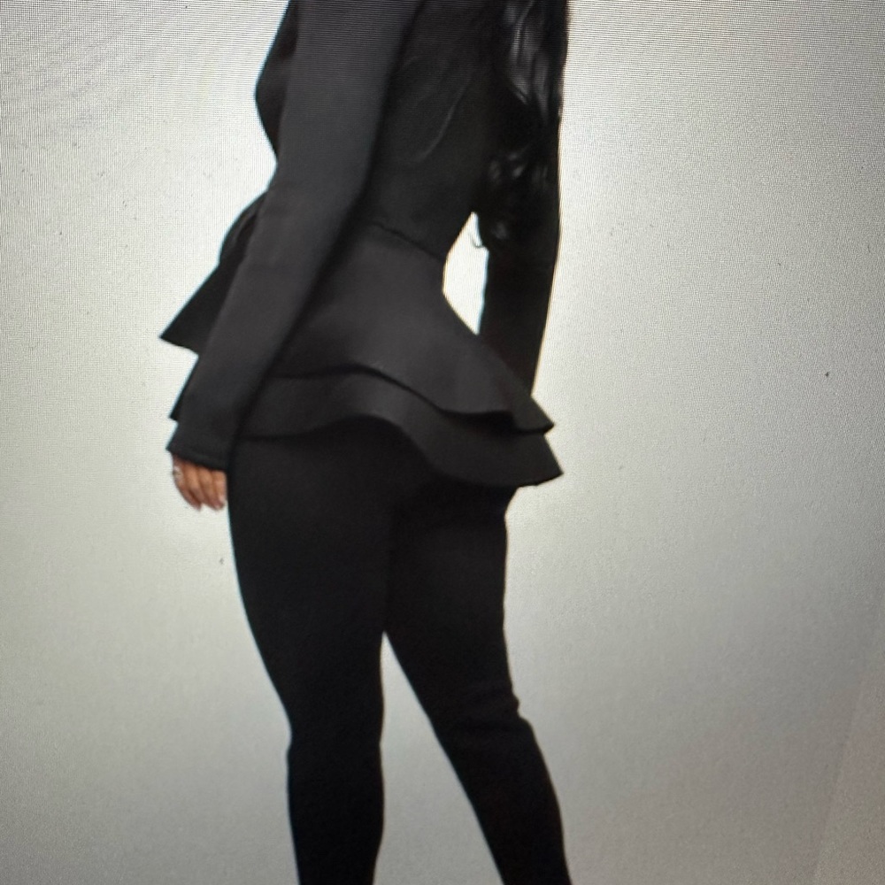 NEW- Black 2 piece pant set- Ruffled hem top with deep V Neck & fitted pants. - Picture 3 of 9